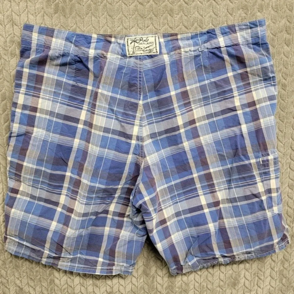 Polo Ralph Lauren Board Shorts Swim Trunks Size 38 Plaid Blue White /Orange Pony
